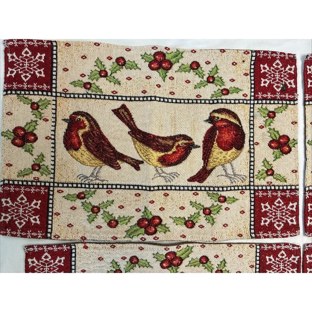 Christmas Winter Bird Tapestry Placemats Set/4 Holiday Snow Holly Gold Metallic